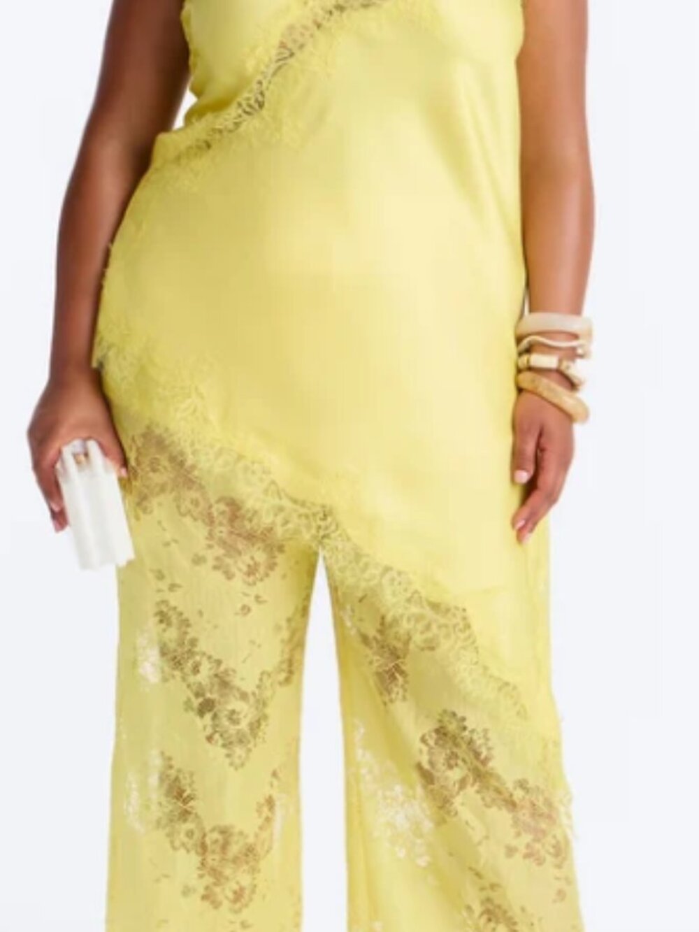 Yasmin Yellow Satin Lace Pant Set